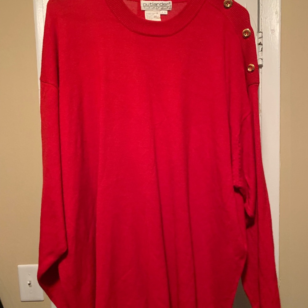 Red sweater gold buttons 3x